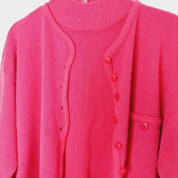 Vintage Parrinello Faux Cardigan Sweater Set Twin Set Medium Bright Pink 80's - Picture 2 of 13